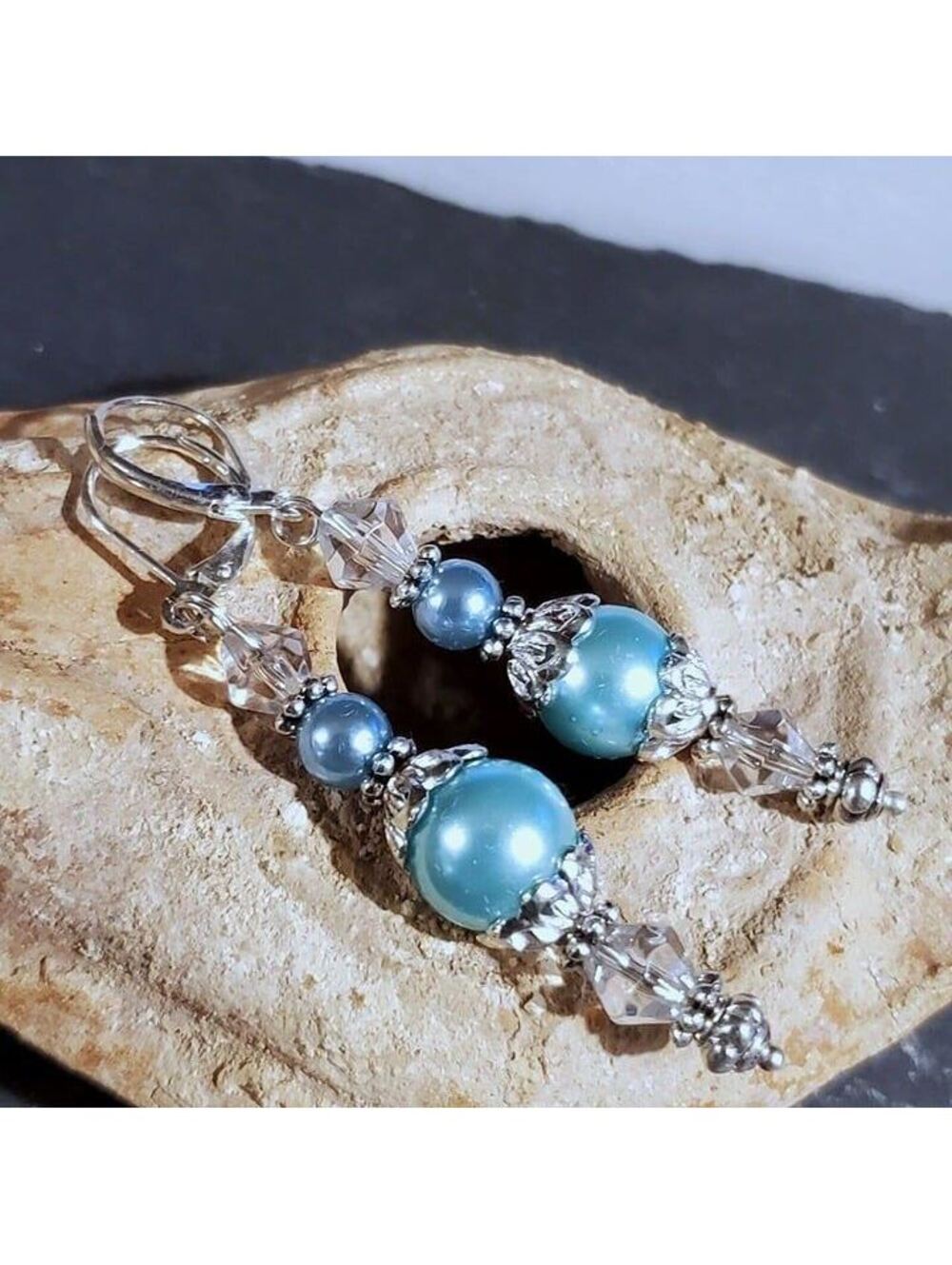Light Blue Glass Pearl Sterling Silver Plated Handcrafted Dangle Earrings